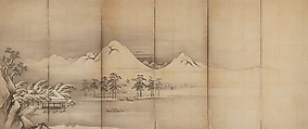 Wang Ziyou Visits Dai Andao (left); A Monk Claps His Hands (right), Kano Sansetsu (Japanese, 1590–1651), Pair of six-panel folding screens; ink and gold paint on paper, Japan